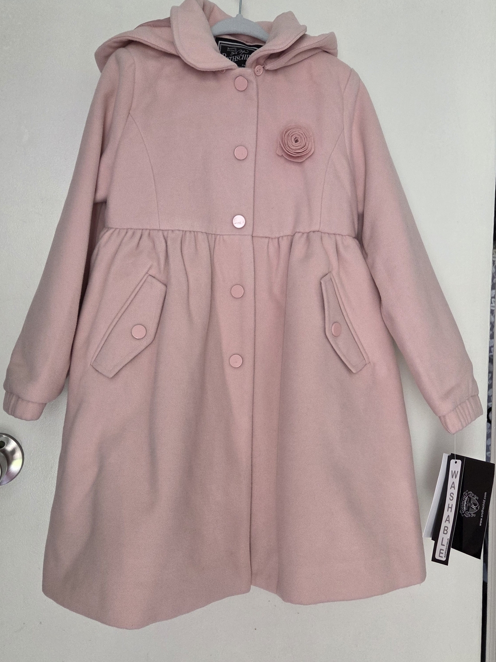 Rothschild Girls' Light Pink Hooded Pea Coat with Flower Accent